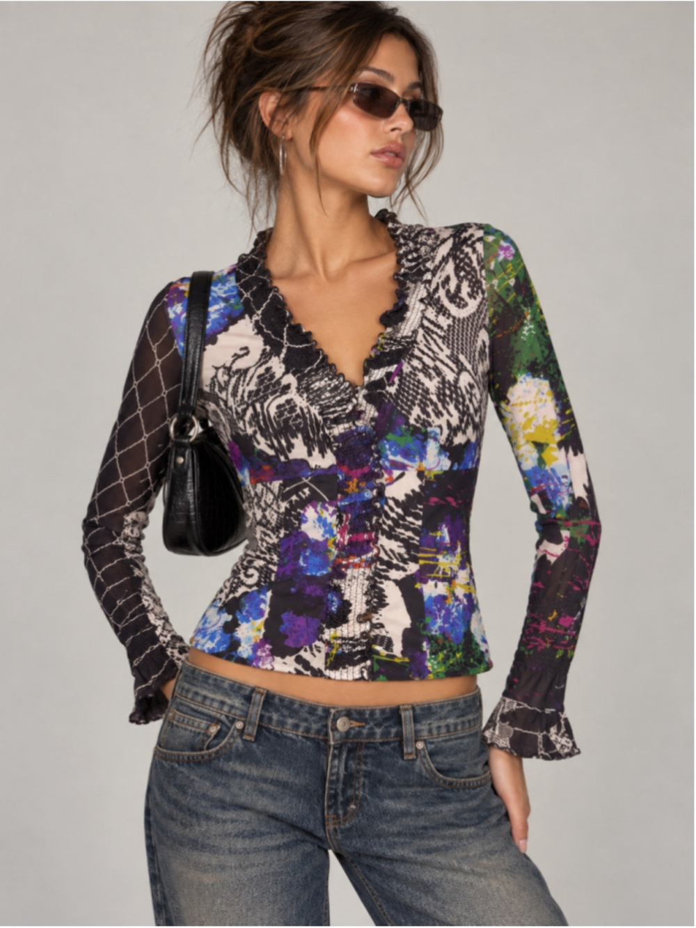 Vintage Alberto Makali Y2K Luxury 100% Silk Multi-Print Ruffle Blouse M